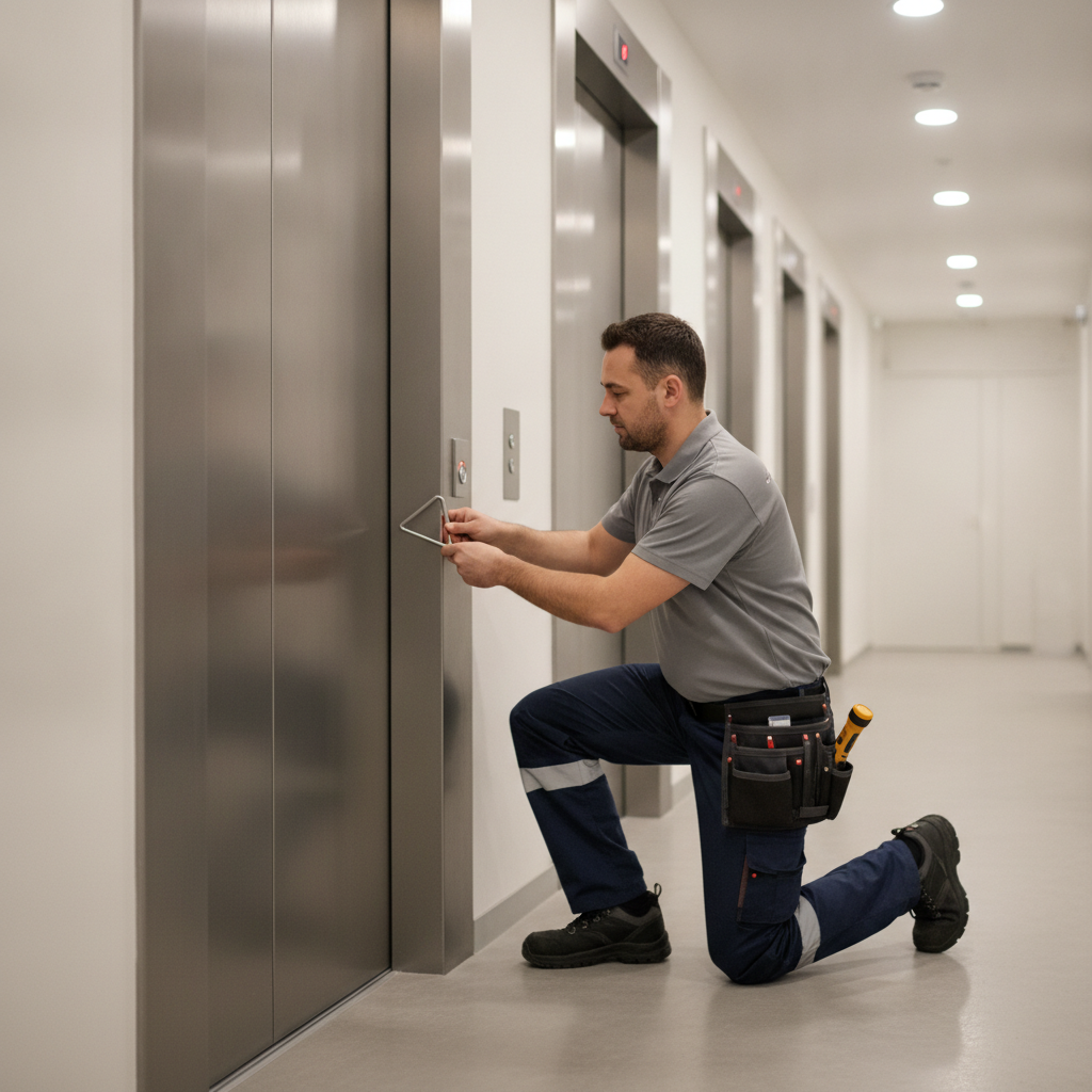 Technik serwisu wind otwierający drzwi zablokowanej kabiny za pomocą klucza awaryjnego, aby uwolnić pasażerów.